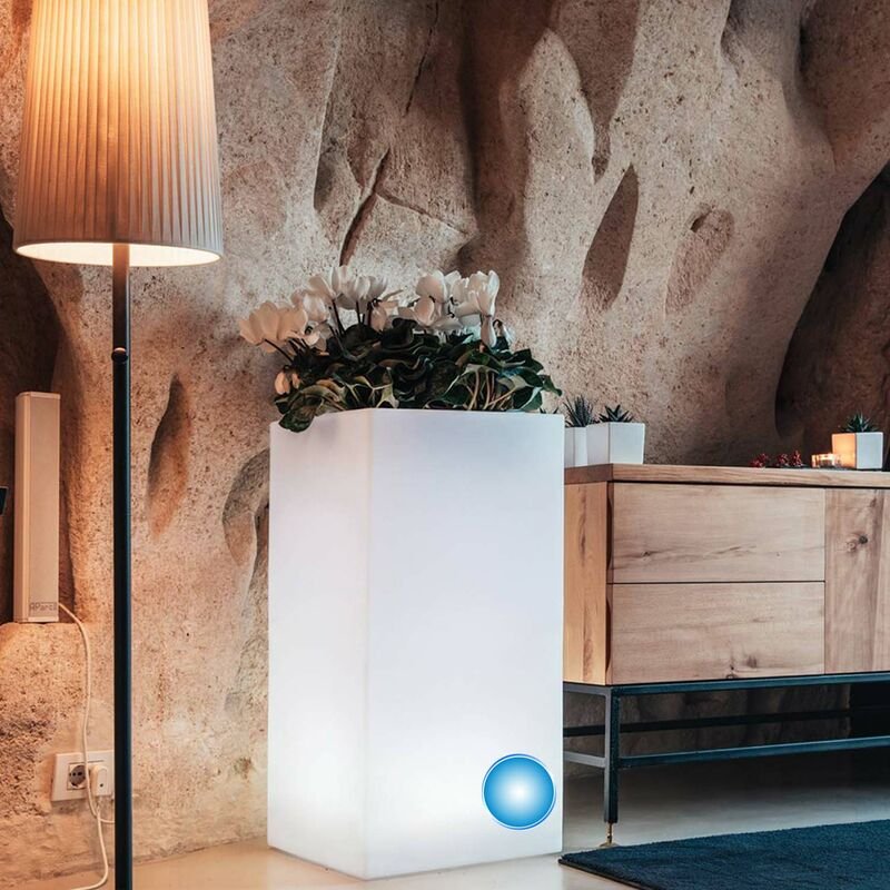 Eckiges leuchtendes Blumentopf 40x40 h 80 mod. Cube Top Bright Led blaues Licht
