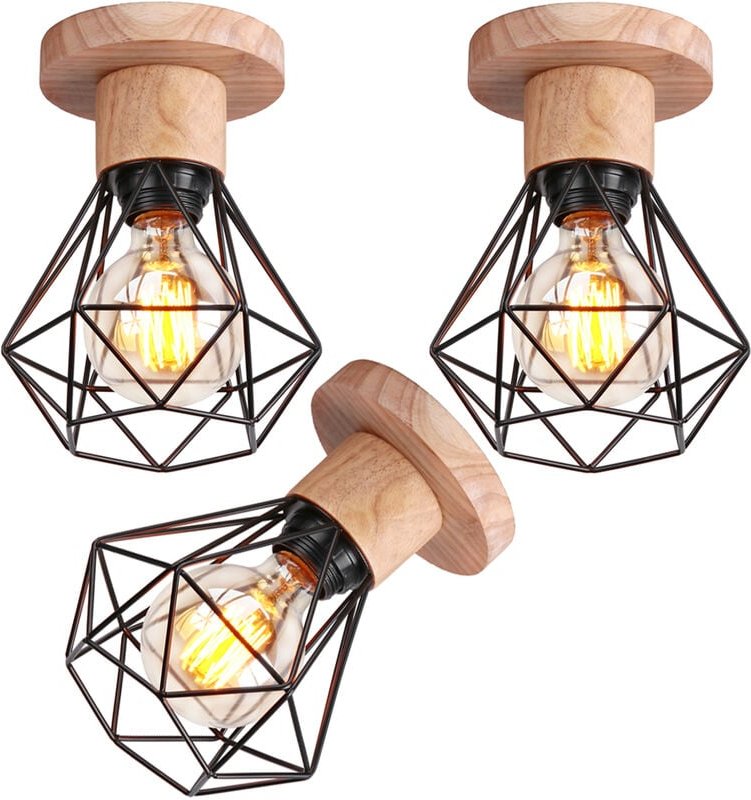 Deckenlampe, Ø16cm Deckenleuchte im Industrial Design, Eisen Diamant Lampe mit Käfig für Wohnzimmer Schlafzimmer Schwarz...