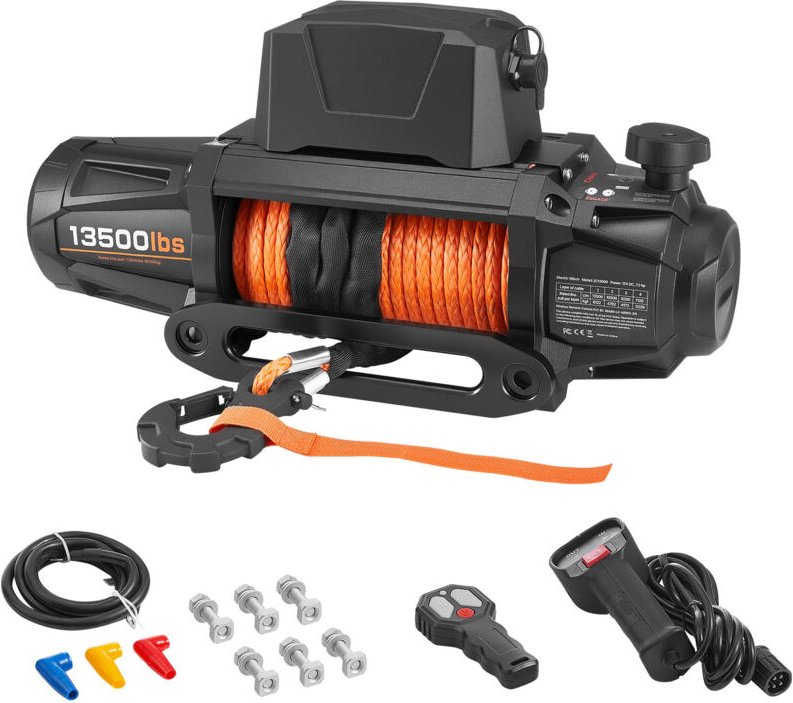 Mophorn Elektrische Seilwinde, 13500 lbs Zugkraft, 12 V DC Winde mit Φ3/8 Zoll x 92 Fuß Synthetikseil, kabellose und kab...