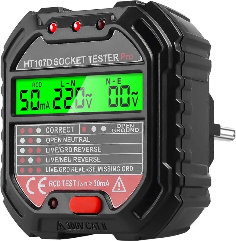 Digitales LCD-Steckdosenprüfgerät, 6 Betriebsmodi, FI-Schutzschalterprüfung, 10-A-Elektroskop, Kontrollleuchte, 90–250 V...