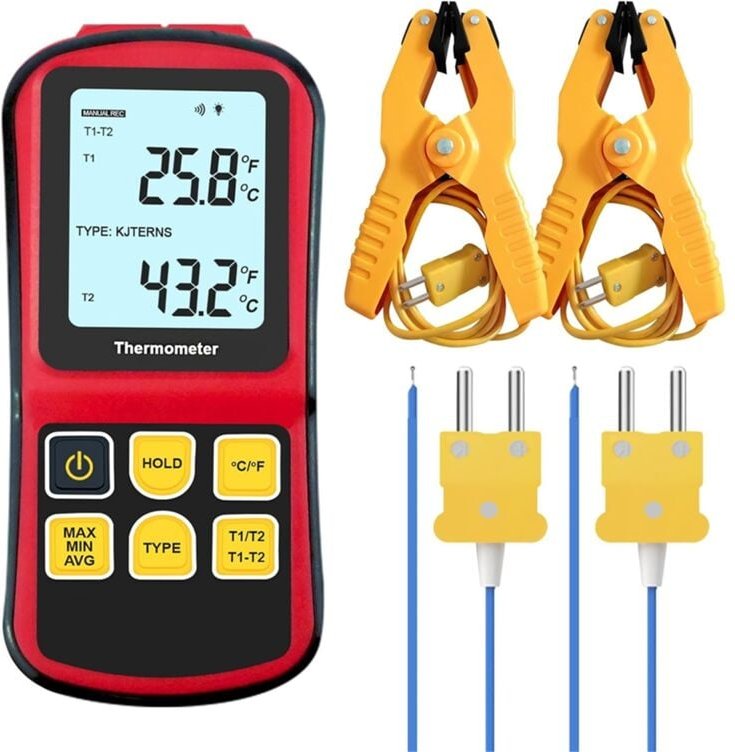 Thermoelement-Thermometer, digitales K-Typ-Thermometer, mit 2 kabelgebundenen Temperaturmessfühlern