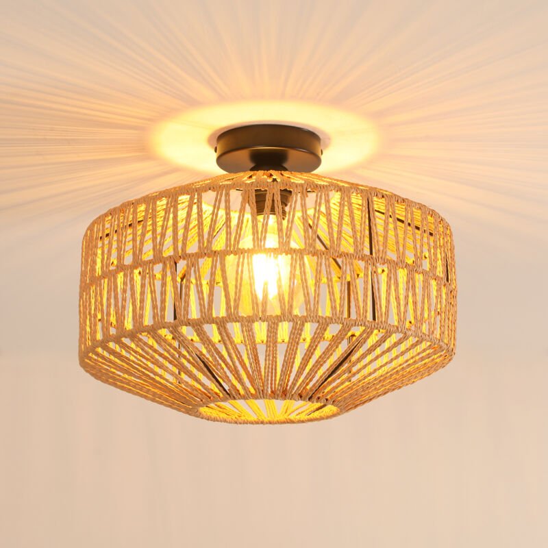 COMELY Dekorative Deckenleuchte aus geflochtenem Rattan, schwarzer Sockel, 40 x 40 x 30 cm, E27-Fassung (Leuchtmittel ni...