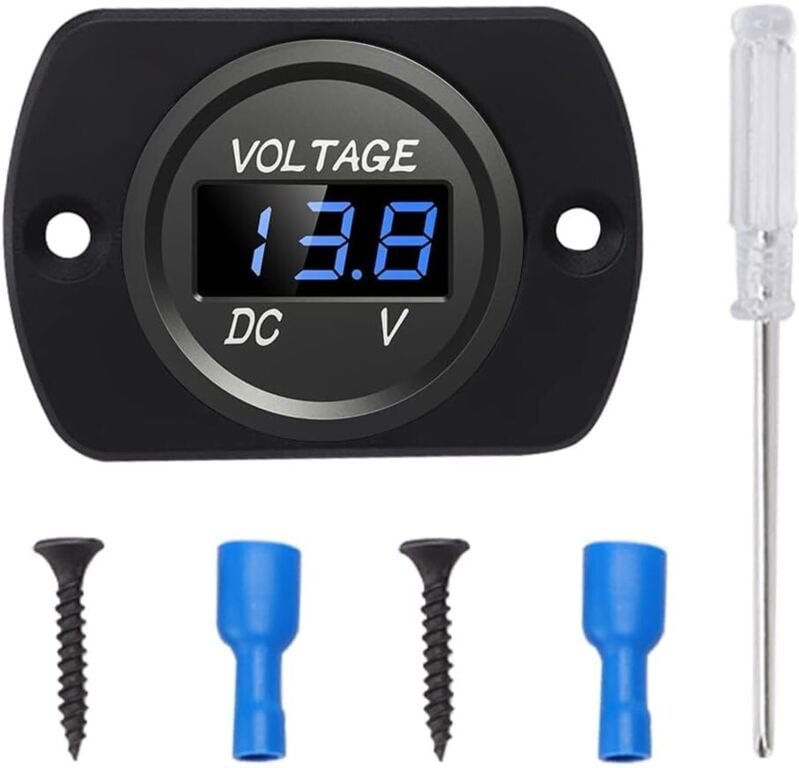 12 V 24 V wasserdichte Auto-Voltmeter mit LED-Anzeige und Montageplatte, rundes Spannungsmessgerät mit Klemmen, Mini-LED...