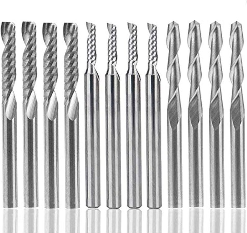 12 Stück Wolframkarbid-Schaftfräser, 4 Bilder 1/8 Zoll für CNC-Fräser, Doppelschneidewerkzeuge + 8 Stück einschneidige S...