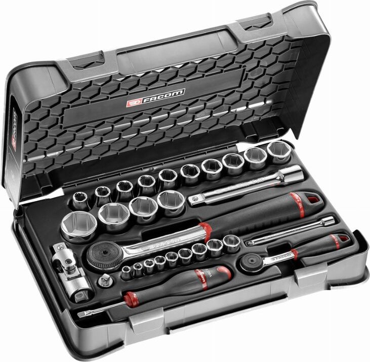 Kombinationssatz Ratsche + 1/4 und 1/2 6-Punkt-Steckdosen Facom RS.161-1PB