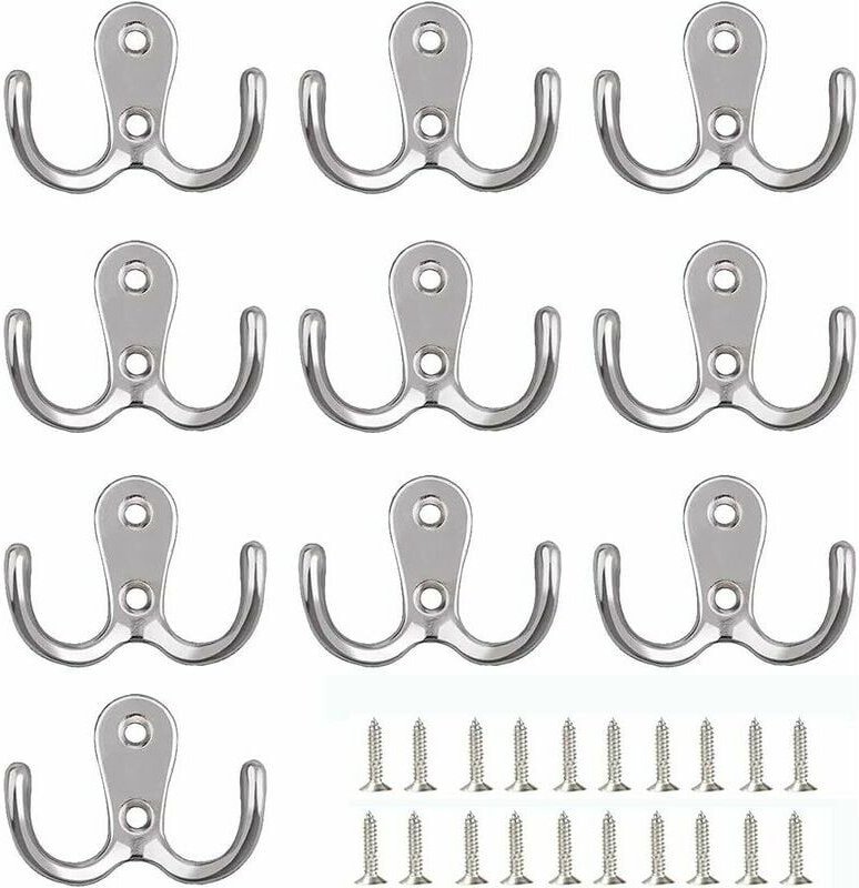 Thumbnail - 10 Stück Doppel-Kleiderhaken, Wandgarderobe, Doppel-Metallhaken und Hakenaufbewahrung mit Schrauben, für Regale, Schubla...