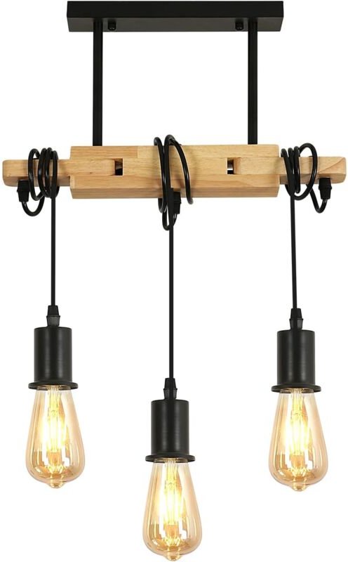 Thumbnail - Comely - Retro-Holzpendelleuchte, E27-Sockel, mit 3 Leuchtköpfen, verstellbarem Kabel von 120 cm, für Küche, Esszimmer, ...
