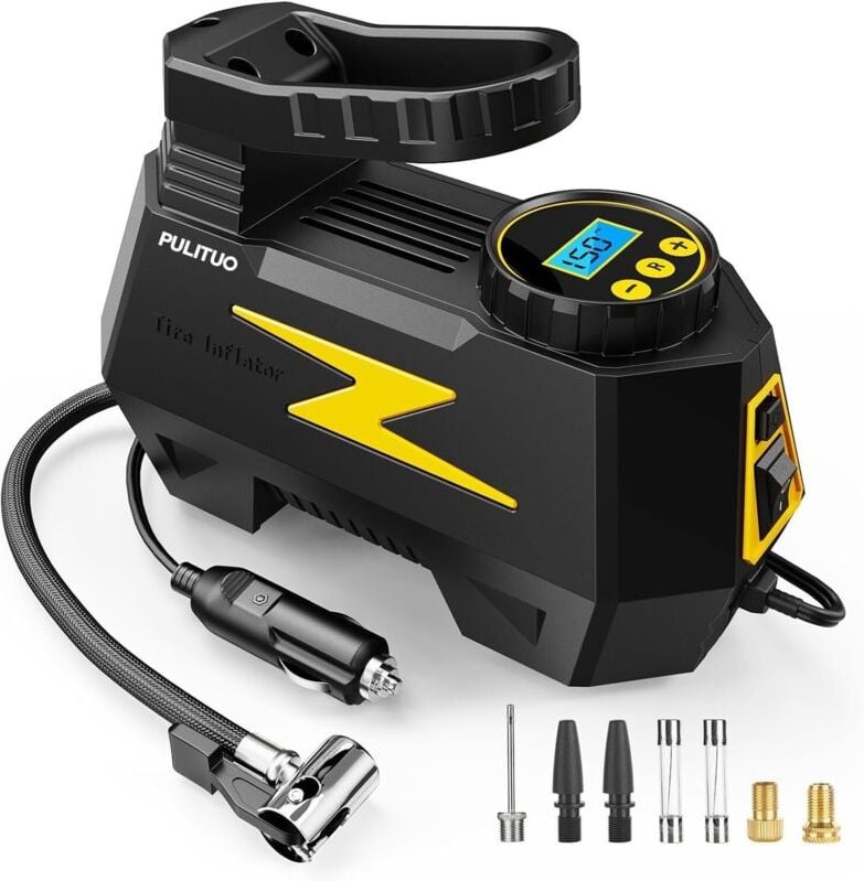 Tragbarer Luftkompressor von PULITUO, 12-V-Gleichstrom-Reifenfüller, mit LED und digitalem Druckmesser 150 PSI (Gelb)