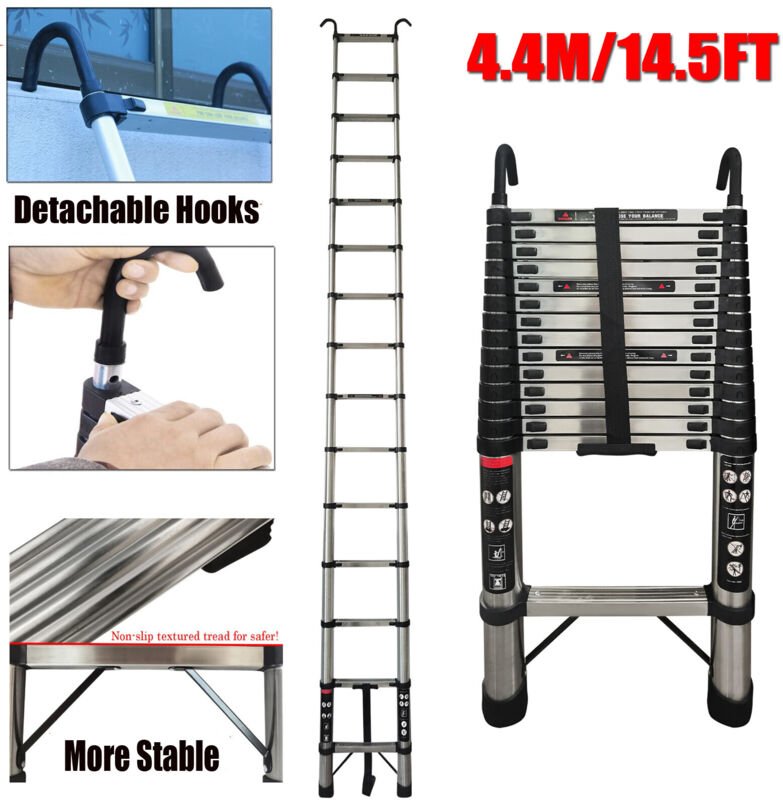 14.5FT 4.4m Leitern mit 2-Haken Leichtgewicht Safety AntiRutsch Kompakt EN131