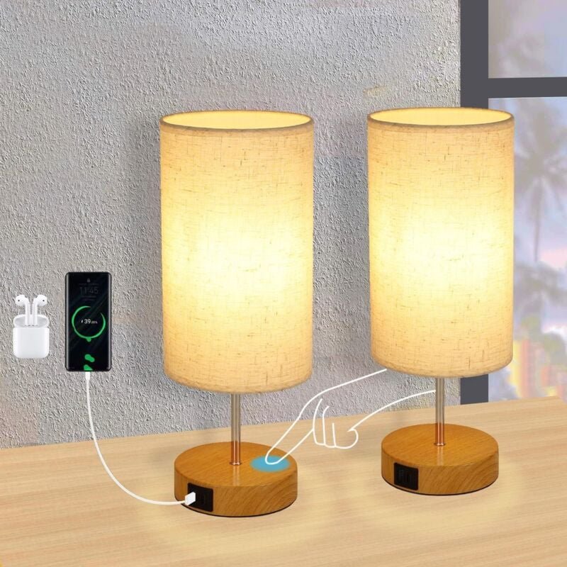 Nachttischlampe Touch Tischlampe 2ER - Dimmbar Warmweiß Licht mit Stoff Lampenschirm usb Ladefunktion Rund für Modern De...