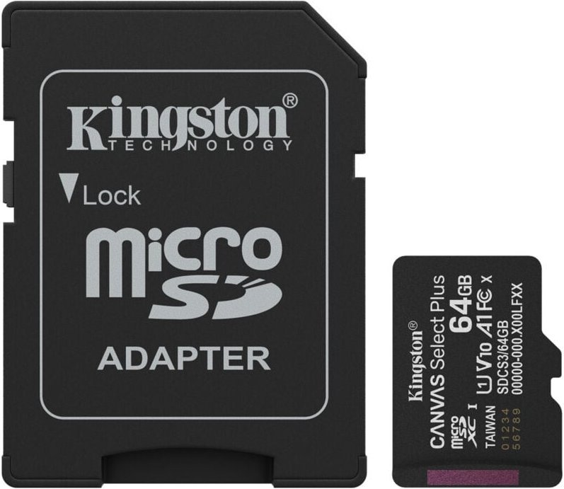 Kingston - kingston technology 64gb microsdxc canvas select plus gen3 100mb/s a1 kaart + adapter - sdcs364gb - 074061734...