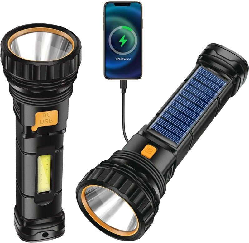 LED-Solartaschenlampe, USB-aufladbare Solartaschenlampe, Solar-Powerbank-Taschenlampe mit 3 Modi, wasserdichte LED-Blitz...