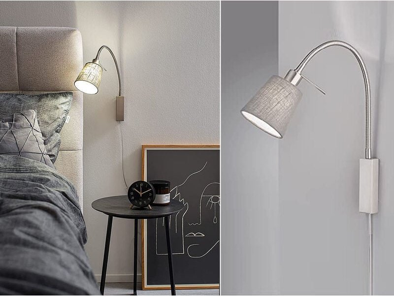 Fischer&honsel - 2in1 Wandleuchte & Bettleuchte wolke Leinen Grau mit Schwanenhals, Breite 11cm