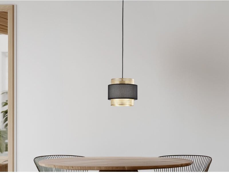 LED Hängelampe einflammig, Metall Gold mit Stoffblende Schwarz, Ø 21cm