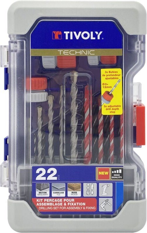 Ranger-Box mit 22 Stück, Fliesen-, Beton- und Holzbohrern und 3 Tiefenanschlägen für Bohrer von Ø3 bis 12 mm - Tivoly