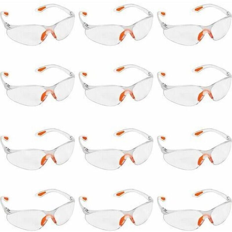 Tigrezy - Packung mit 12 transparenten Schutzbrillen – Schutzbrille mit Kunststoffgläsern, Nasensteg und Gummibügelspitz...
