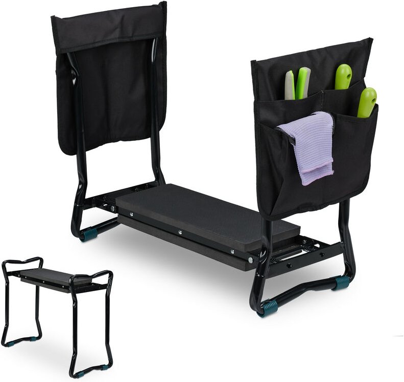 Relaxdays Kniebank für Gartenarbeit, klappbar, bis 150kg, inkl. 2 Taschen, gepolsterte Kniehilfe, 50x60x27,5 cm, schwarz