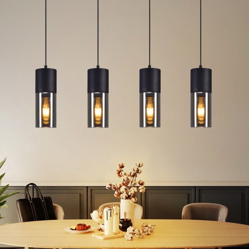 Pendelleuchte Schwarz Pendellampe Esstisch - Hängeleuchte E27 Küche Glas Schwarz Metall Hängelampe 4 Flammig Industrie M...