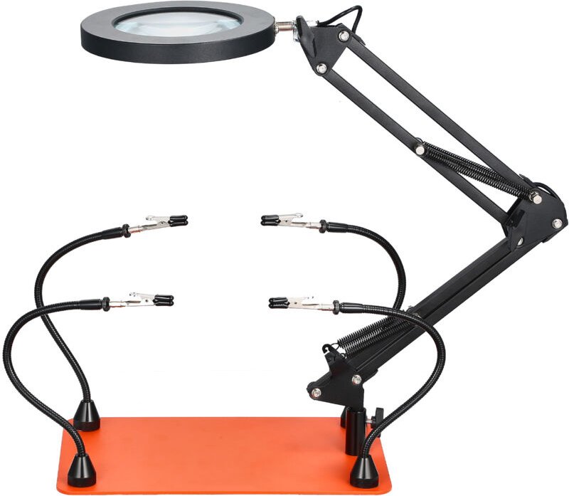 Mophorn Löthilfe Dritte Hand mit magnetischer Basis,4 flexiblen Armen,LED-Vergrößerungslampe (3-fach) & rutschfestem Des...