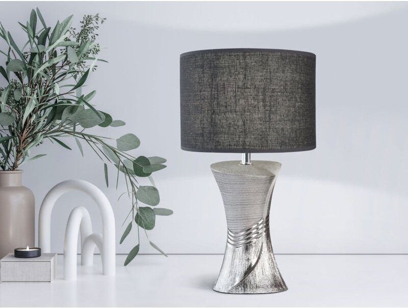 Meinewunschleuchte - led Tischlampe mit Keramikfuß Silber & Stoffschirm Leinen Grau, Höhe 44cm