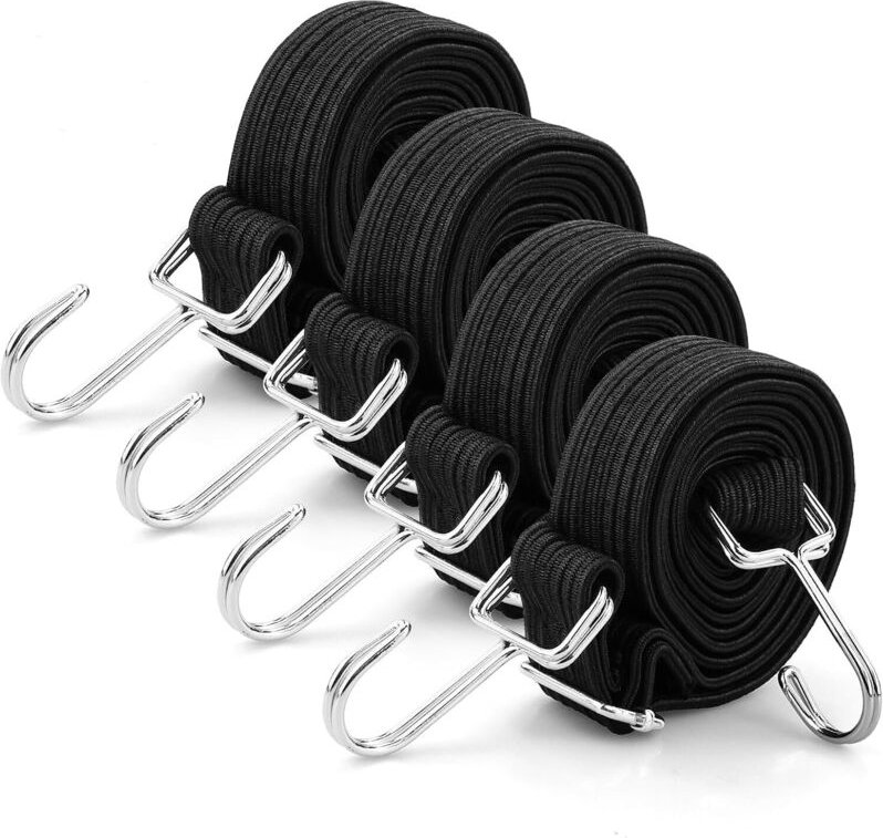 4 schwarze, 200 cm lange Gummiseile mit Haken, verstellbar, für Dachträger und mobile Ladungssicherung