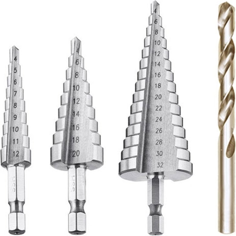 Beijiyi - Stufenbohrer, HSS-Metall-Senkbohrer, 4 Stück, 4–12/20/32 mm, Stufenbohrer, Stahl-Senkbohrer, dreieckiger konis...