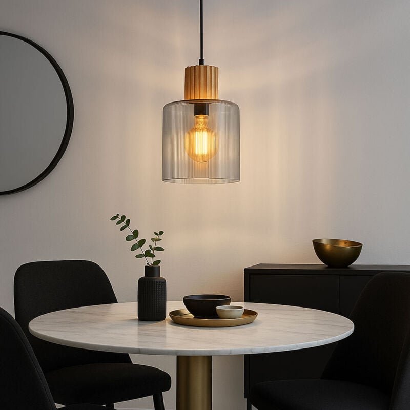 Pendelleuchte Hängelampe Schlafzimmerleuchte 1 flammig Holzlampe Glas h 120 cm