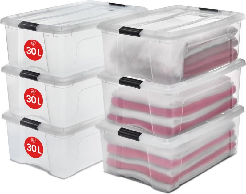 Aufbewahrungsboxen mit Deckel, 30L, 6er-Set, Transparent, Sicherer Verschluss, Stapelbar, Griffe, Schlafzimmer, Schrank,...