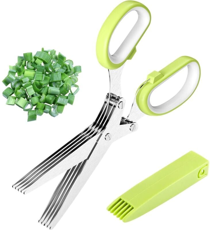 Linghhang - Kräuterschere, 5-Klingen-Küchenschere aus Edelstahl mit Sicherheitsabdeckung zum Hacken von Kräutern, Küchen...