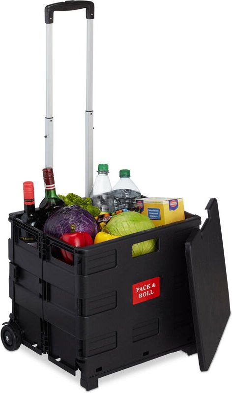 Relaxdays - Einkaufstrolley klappbar, mit Teleskopgriff & Deckel, Transporttrolley, bis 35 kg, hbt 99x45x38 cm, schwarz