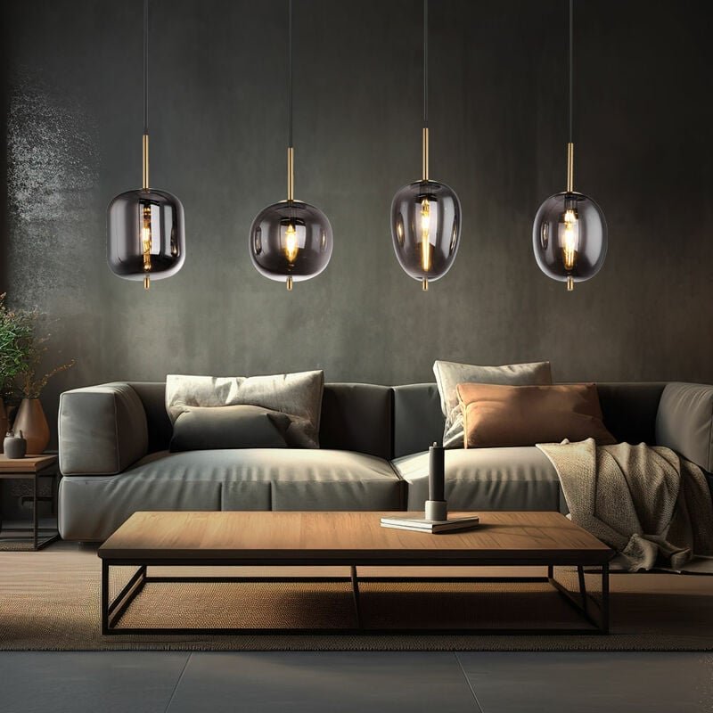 Pendelleuchte schwarz Glas Pendelleuchte Esszimmerlampe Hängeleuchte, 4 Flammig, Metall messing Glas rauchig, 4x E14 Fas...
