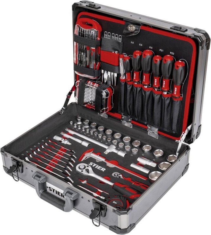 Universal-Werkzeugsortiment im Aluminiumkoffer 144-teilig, Werkzeugkoffer bestückt gefüllt, Werkzeug Set, 4 Fächer mit S...