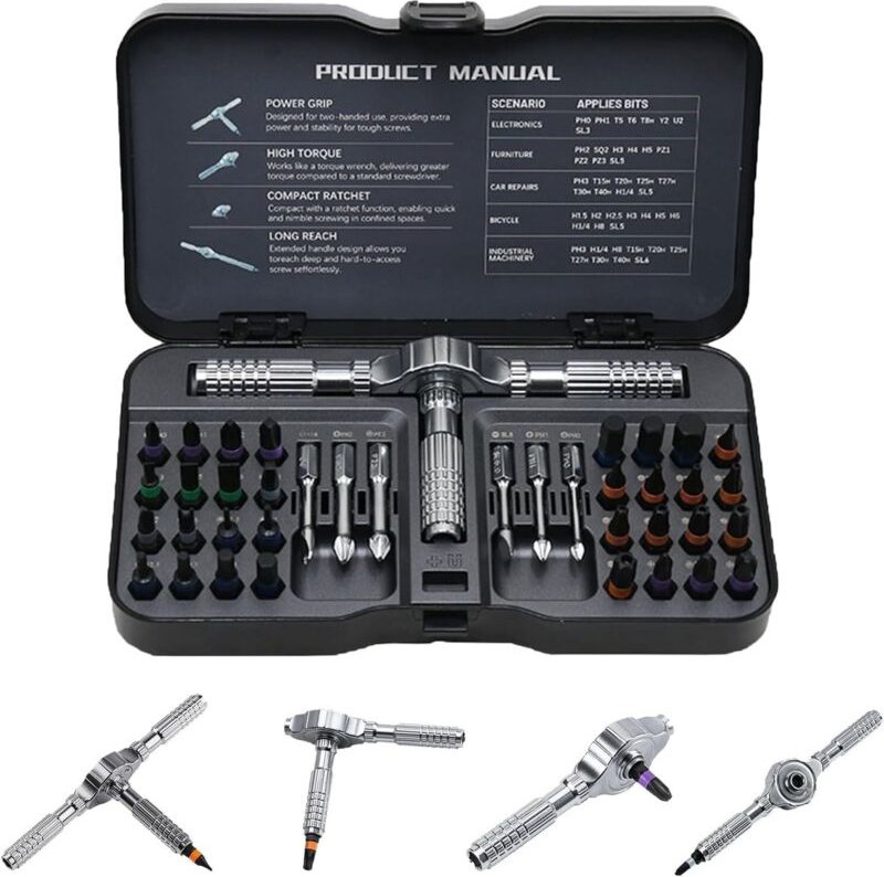 40-in-1 Ratschenschraubendreher-Set, magnetische Multibit-Schraubendreher mit abnehmbarem T-förmigem Ratschengriff, 38 S...