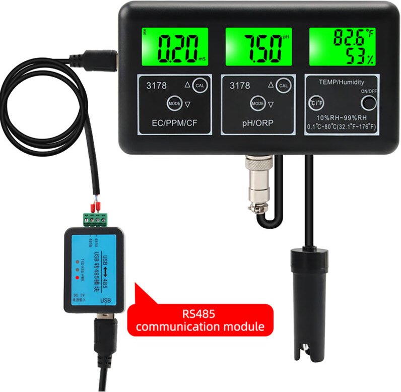 7-in-1 Digitaler Wassertester (EC/TDS/PH/CF/ORP/Temperatur/Luftfeuchtigkeit) – RS485 – Abnehmbare Elektrode für Aquarien...