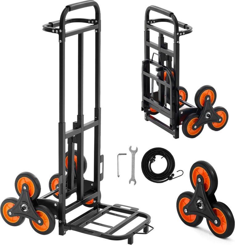 Mophorn Klappbare Treppensackkarre mit 100 kg Tragkraft, Treppensteiger mit Teleskopgriff, 6 Rädern und 2 Spanngurten, v...