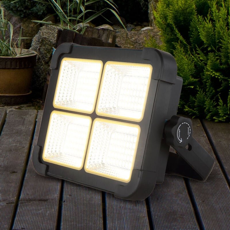 Solarlampe schwarz Strahler Außenlampe wetterfest Werkstattleuchte Solarleuchte dimmbar, Standfuß, Haken, Glas, 1x LED 1...