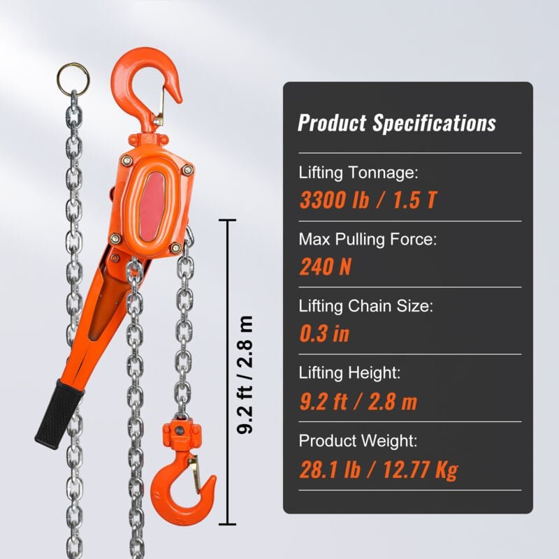 Mophorn Kettenzug mit manuellem Hebel, 1,5 Tonnen, 3300 lbs Tragkraft, 10 Fuß Mitnehmer, Weston Doppelklinkenbremse, aut...