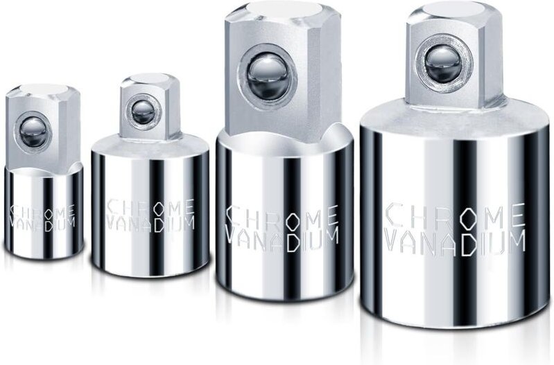 Satz mit 4 Steckschlüsseladaptern und Reduzierstücken 1/4", 3/8", 1/2" - Polierter Chrom-Vanadium-Stahl - Für Schlagschr...
