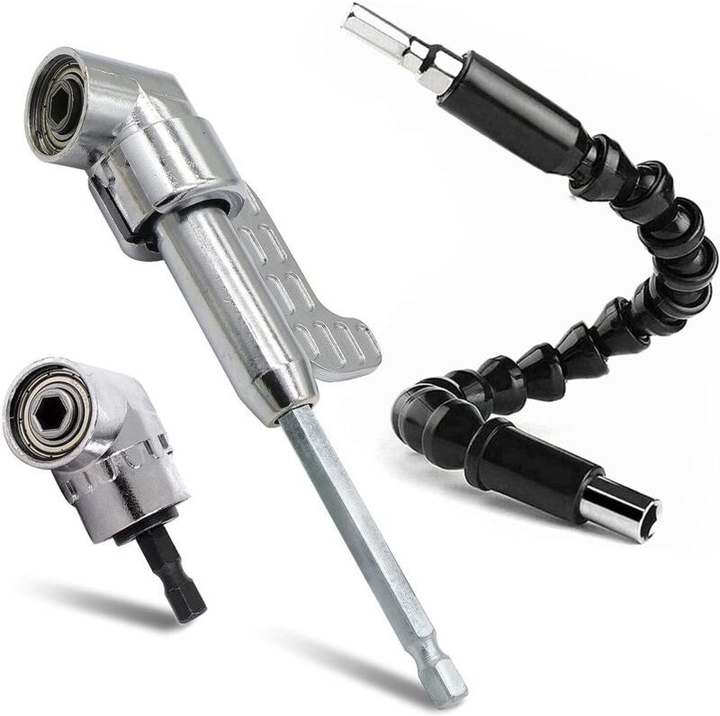 Silbernes 105°-Winkelbohrfutter, 6,35 mm (1/4") Sechskant-Schraubendreher und flexible Verlängerung für Schraubendreher ...