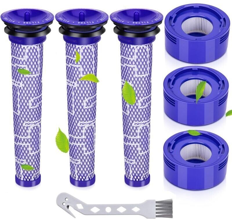 Filterset für Dyson V7/V8 Staubsauger – 3 waschbare HEPA-Vorfilter und 3 waschbare Nachfilter – inklusive Reinigungsbürs...