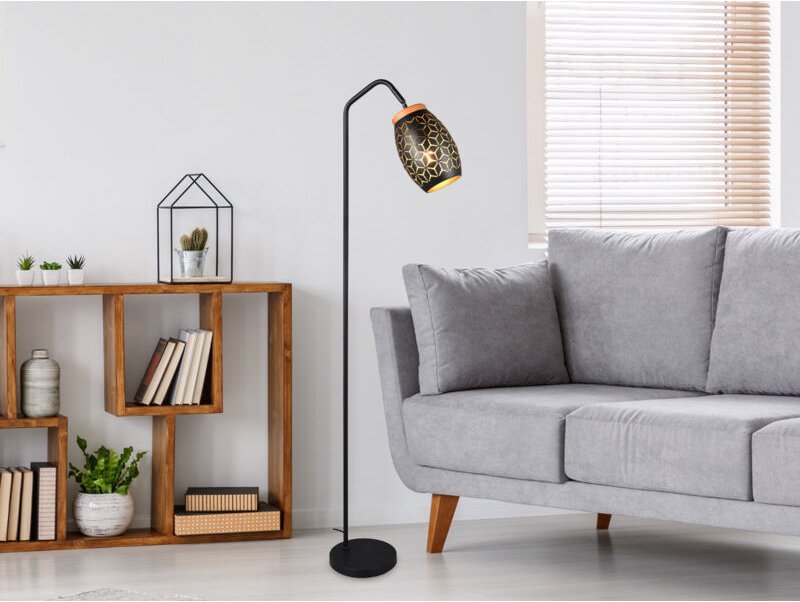 Meinewunschleuchte - led Stehleuchte in Schwarz/Gold mit ausgefallenem Stanzmuster, Höhe 147cm