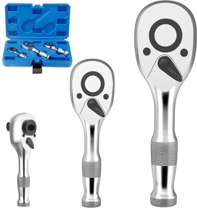 3-teiliges umschaltbares Mini-Ratschenset 1/4'-3/8'-1/2', Ratschenschlüssel aus Cr-V-Stahl mit 72 Zähnen - Dolaso