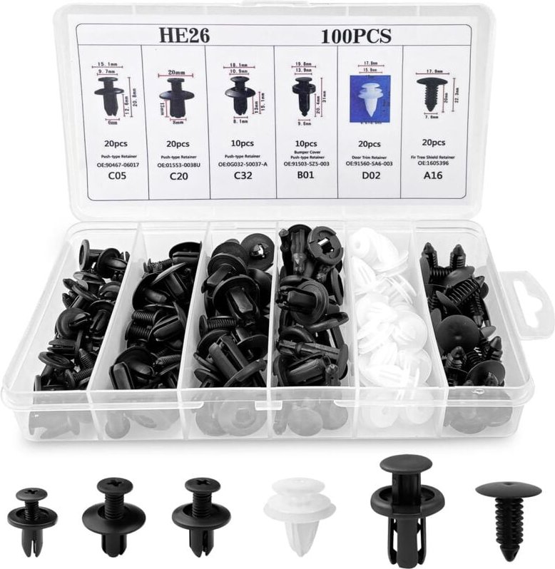 Thumbnail - 100 Stück Universal-Auto-Clips, 6 Größen, Werkzeuge zum Anziehen von Auto-Befestigungselementen, Kunststoffnieten, Stoßs...