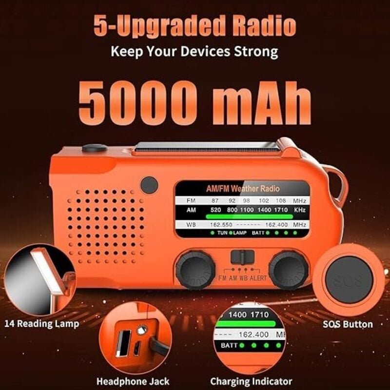 Notfall-Handkurbelradio mit LED Taschenlampe für den Notfalleinsatz, AM/FM NOAA tragbares Wetterradio mit 5000mAh Handy ...