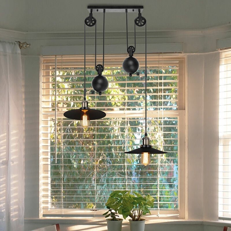 Pendelleuchte, 2 Flammig Flaschenzug Riemenscheibe aufgehängt Hängelampe mit Lampenschirm, Industrielle Metall Rise and ...