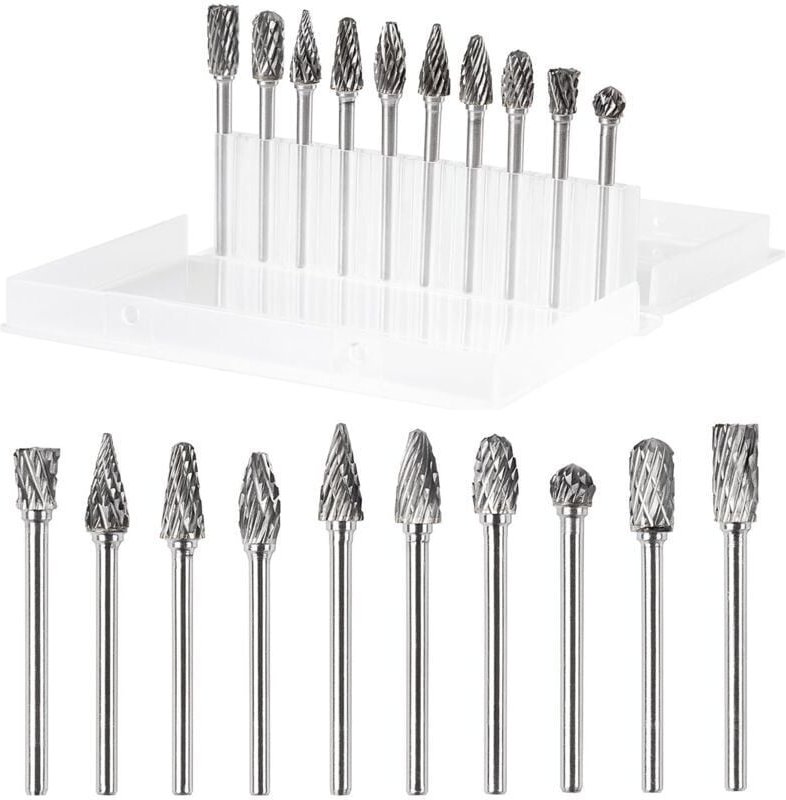 Thumbnail - 10-teiliges Rotationsfräser-Set aus Wolframkarbidstahl, Doppelschnitt-Rotationsfräser für Elektrowerkzeuge, 1/8-Zoll-Sch...