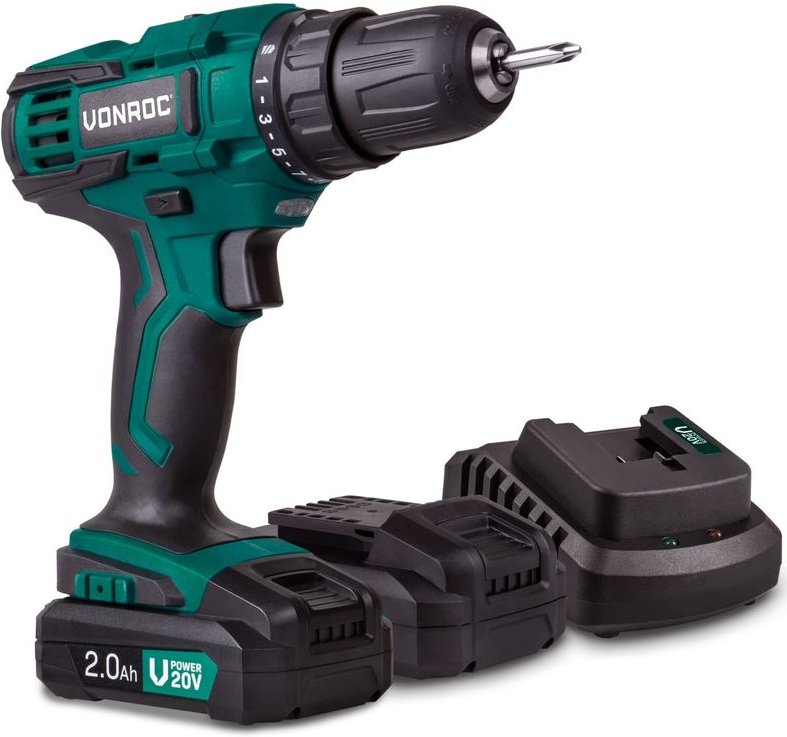 Akku-Bohrmaschine 20V, Komplettset mit 2x 2.0Ah Akku, Schnellladegerät, Bits und Aufbewahrungstasche