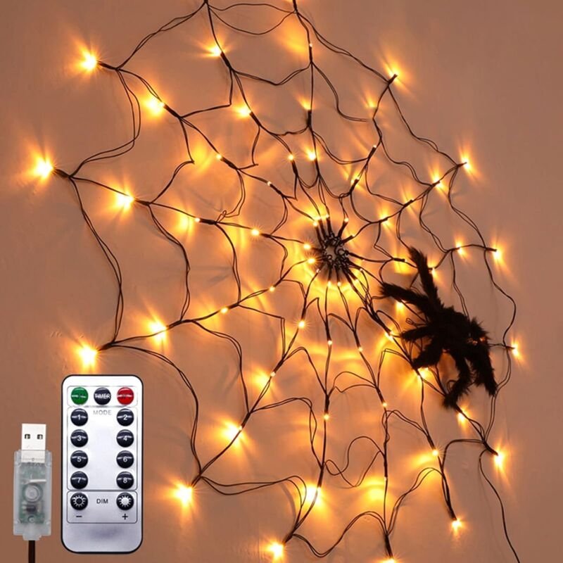 Led Spinnennetz Lampe Innen Ambientelicht Halloween Dekoration warmweißes Licht usb + Fernbedienung