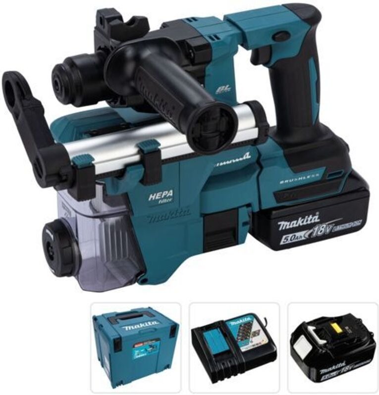 Makita - Akku-Kombihammer DHR183RTWJ, 18V sds-plus 2x 5,0 Ah + Ladegerät mit Absaugung DX16