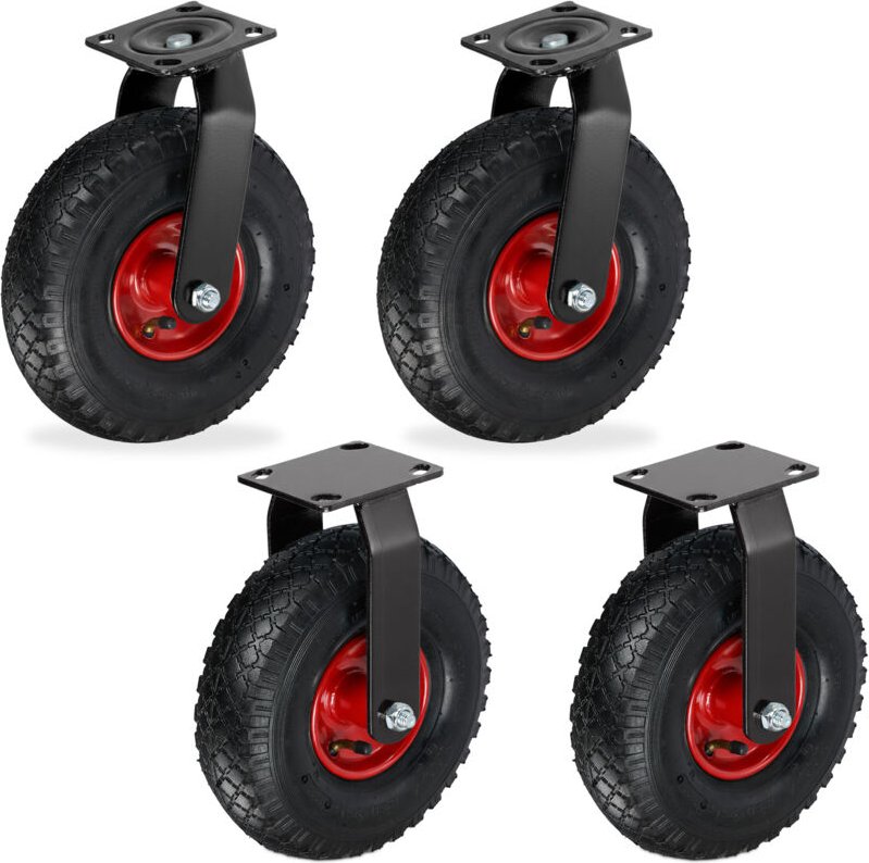 Relaxdays 2x Bockrolle + 2x Lenkrolle Set, luftbereiftes Schwerlastrad, 3.00-4, Transportrollen 120 kg, schwarz/rot